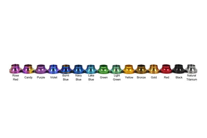 Anodized titanium color chart showing 15 finishes for CarbonXtreme dress-up bolt kits
