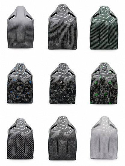 Backshell finish options for VW carbon bucket seats, twill forged and color flake carbon fiber lineup
