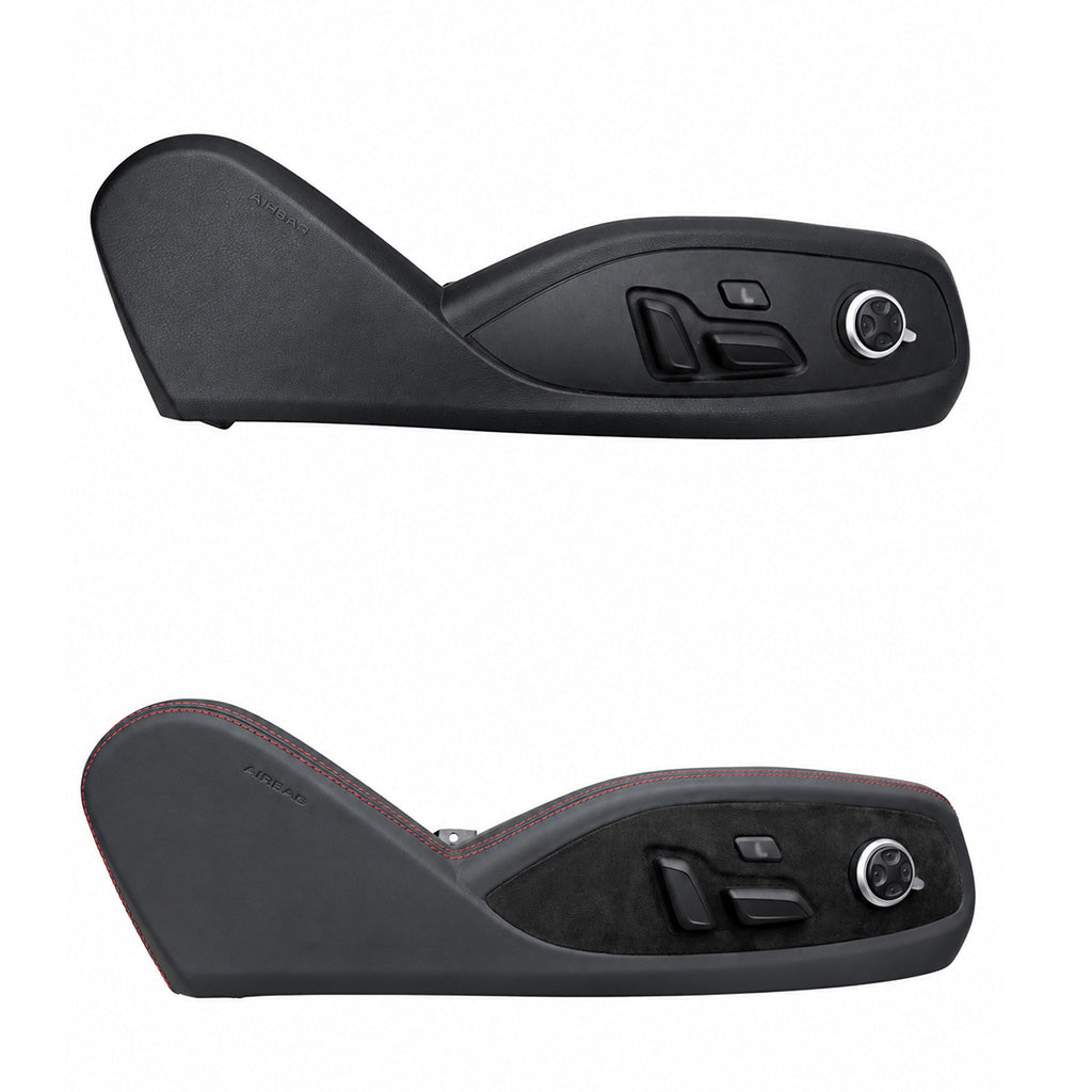 Seat side trim comparison, factory black plastic panel above and the same panel wrapped in leather and Alcantara with red stitching below